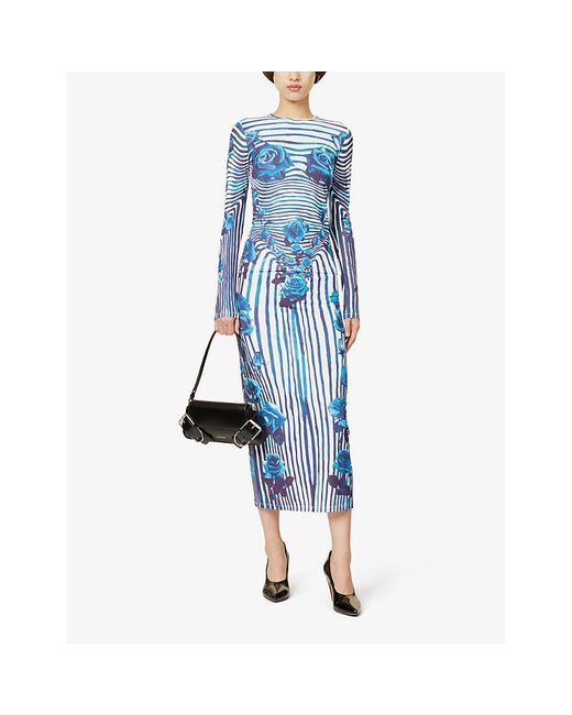 Jean Paul Gaultier Blue Striped Floral-print Stretch-woven Top