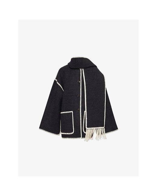 Totême Blue Embroidered-Trim Scarf Wool-Blend Jacket