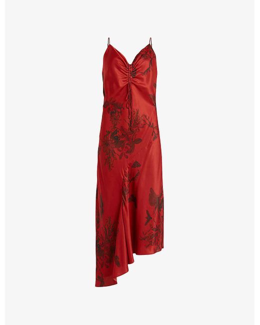 AllSaints Red Alexia Floral-print Silk Midi Dress