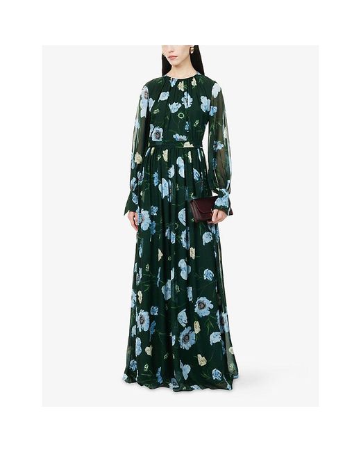 Erdem Green Floral-Print Silk Maxi Dress