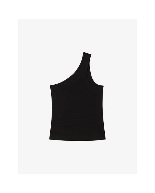 Reiss Black Ria One-shoulder Ribbed Stretch-cotton Top
