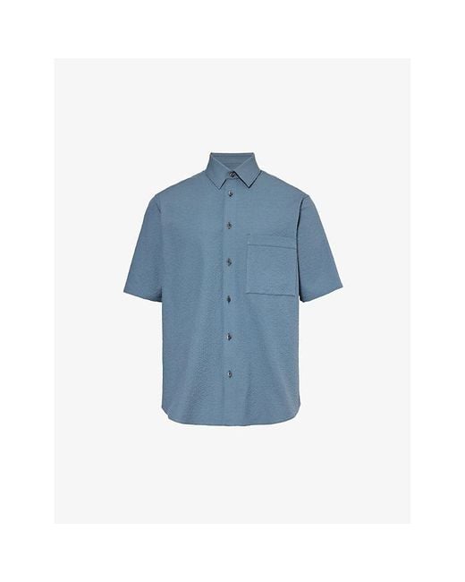 Corneliani Blue Seersucker-textured Regular-fit Cotton Shirt for men