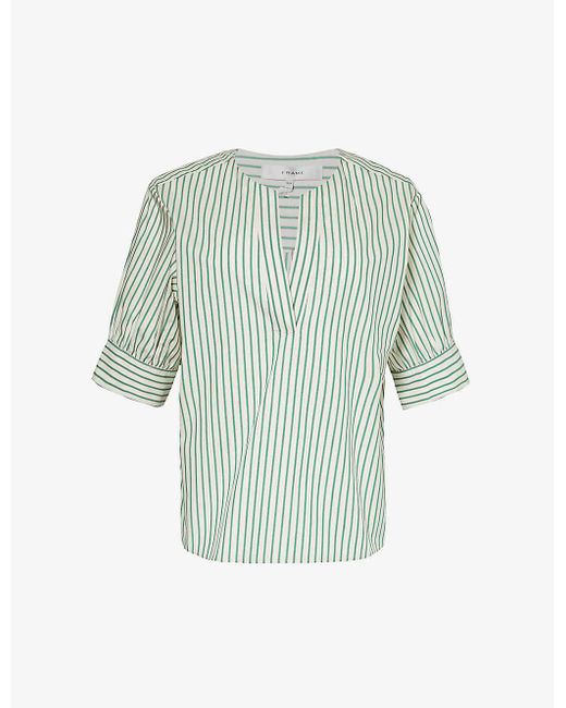 FRAME Green Puffed-sleeve Relaxed-fit Cotton-poplin Top
