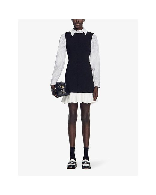 Sandro Black Button-embellished Round-neck Stretch-knit Mini Dress