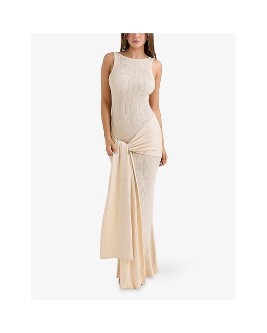 House Of Cb Natural Akaia Draped Silky Knit Maxi Dress Xs (A-C Cup)