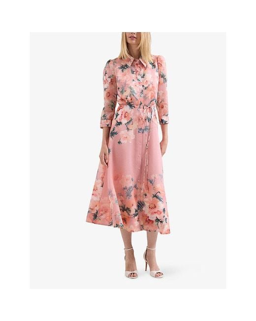 Phase Eight Pink Petite Anabella Floral-Print Linen-Blend Midi Dress