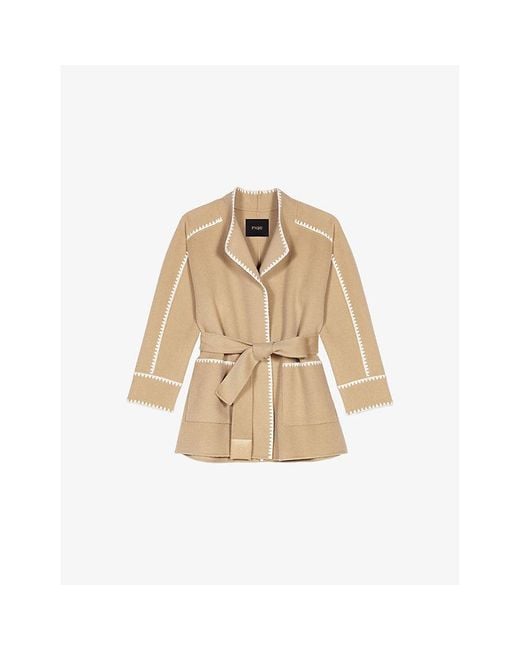 Maje Natural Embroidered-Trim High-Neck Wool-Blend Coat