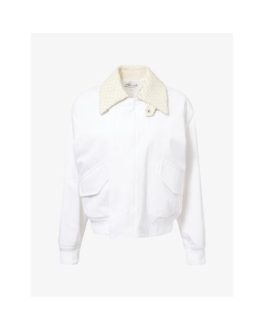 Bottega Veneta White Intrecciato-Collared Cotton Bomber Jacket