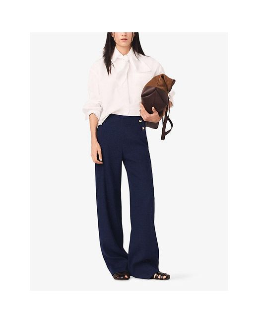Maje Blue Wide-Leg Button-Embellished Linen-Blend Trousers
