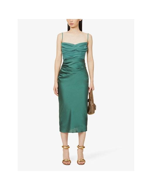 House Of Cb Green Teia Sweetheart-Neck Satin-Crepe Midi Dress