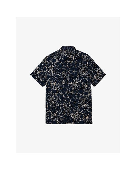 Ted Baker Blue Cavu Floral-print Short-sleeve Cotton Shirt for men