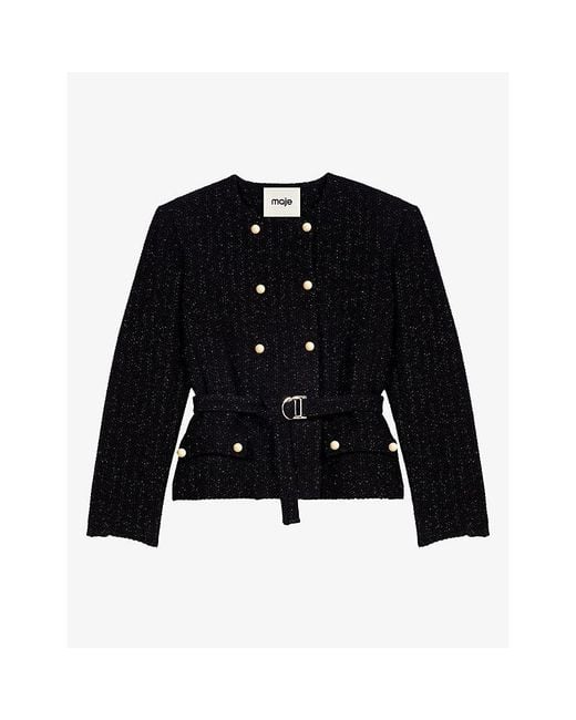 Maje Black Belted-Waist Double-Breasted Woven Jacket