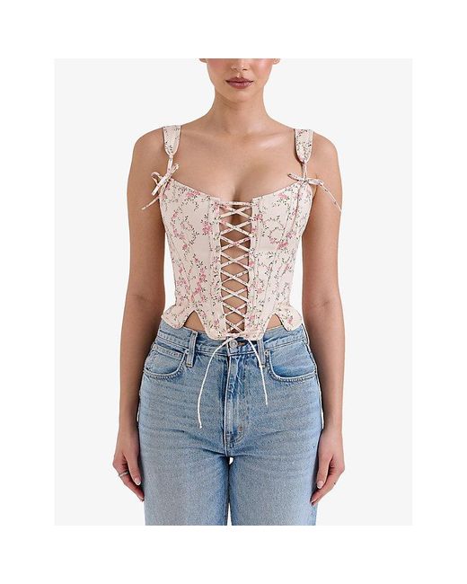 House Of Cb White Callie Lace-Up Stretch-Cotton Corset Top