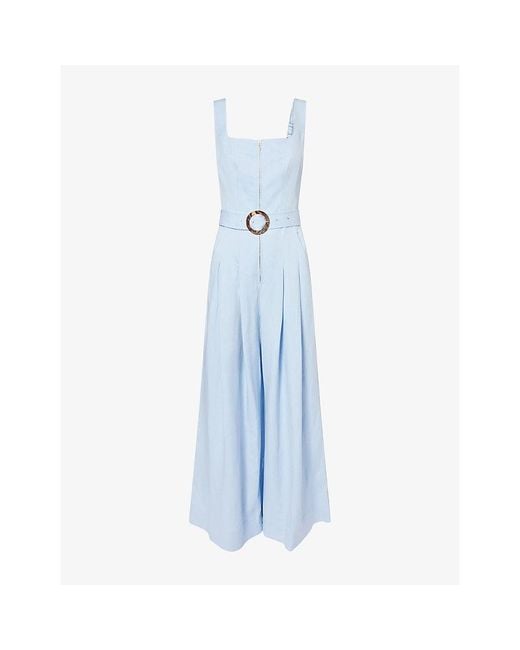ME+EM Blue Belted Wide-Leg Cotton And Linen Blend Jumpsuit