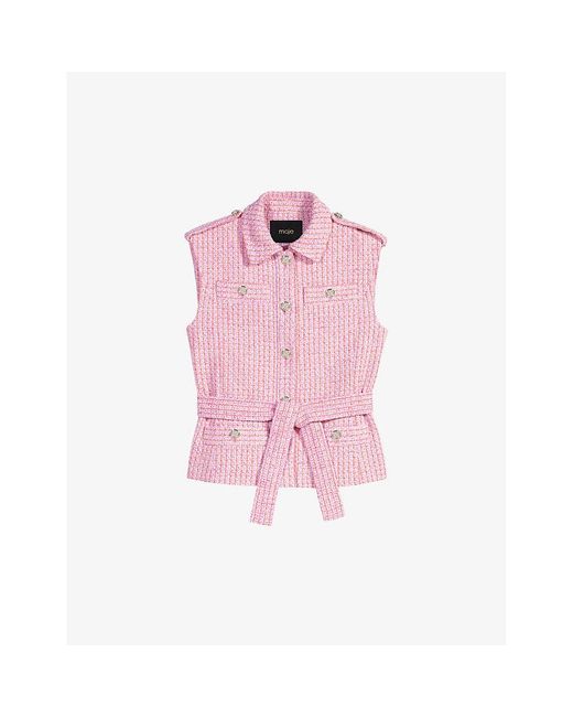 Maje Pink Sleeveless Belted Tweed Jacket