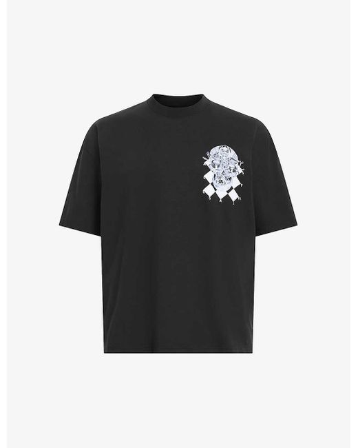 AllSaints Black Grid Graphic-print Organic-cotton T-shirt for men