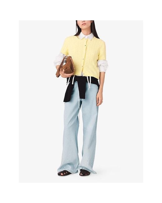 Maje Yellow Rhinestone-Embellished Knitted Cotton Cardigan