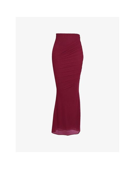House Of Cb Red Cassidy Fluted-Hem Mesh Maxi Skirt