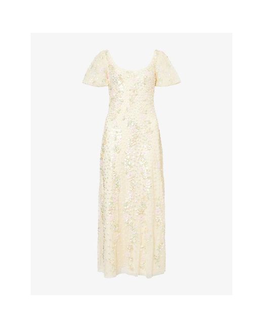 Needle & Thread Natural Confetti Puff-Sleeve Sequin-Embellished Tulle Gown