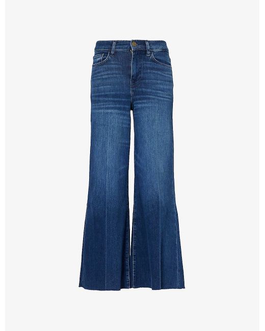 FRAME Blue Palazzo Crop Raw-hem Wide-leg High-rise Denim-blend Jeans