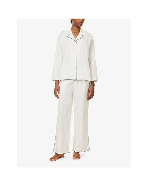 Desmond & Dempsey White Contrast-Trim Long-Sleeve Cotton Pyjama Set