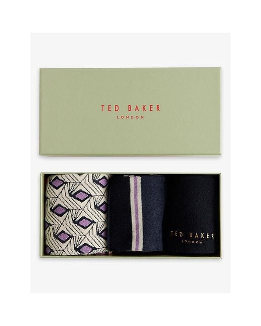 Ted Baker Blue Purpak Striped Pack Of Three Stretch-woven Socks for men