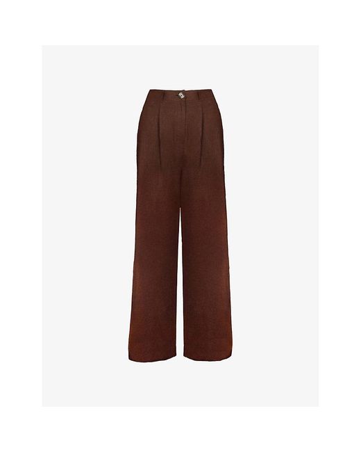 Ro&zo Brown Pleat-Front Wide-Leg Linen-Blend Trousers