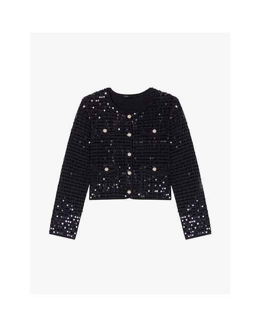 Maje Black Sequin-Embellished Button-Down Stretch-Woven Cardigan