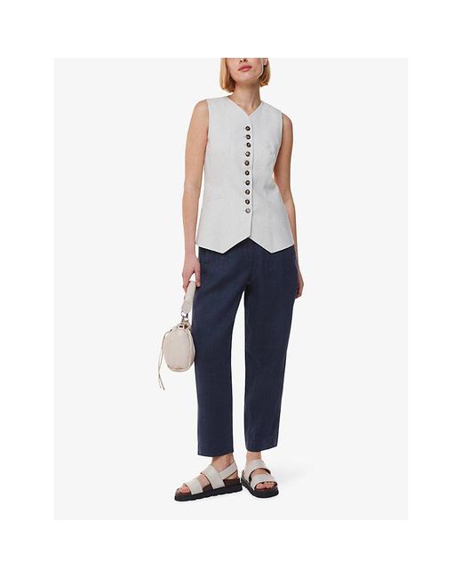 Whistles Blue Patch-Pocket Barrel-Leg Mid-Rise Linen Trousers