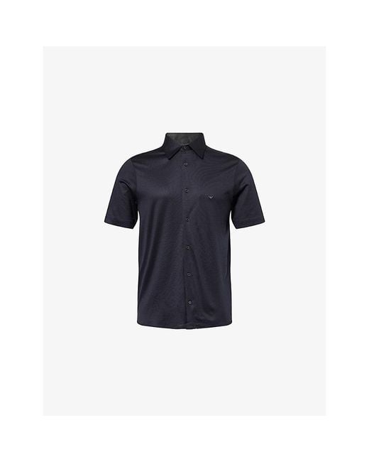Emporio Armani Blue Slim-Fit Short-Sleeve Cotton-Blend Shirt for men