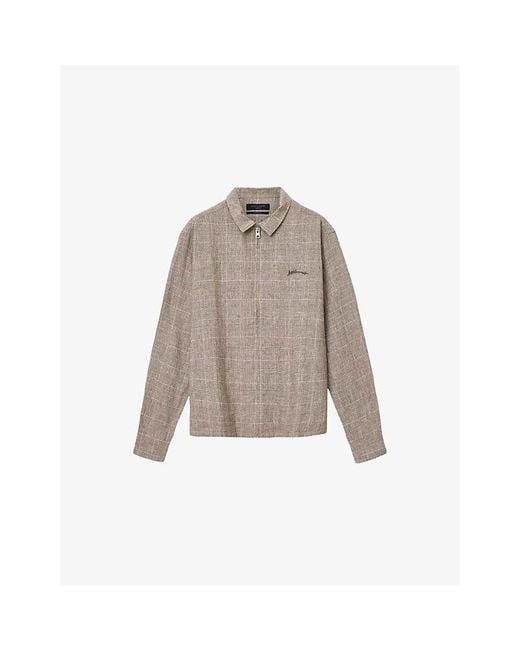 AllSaints Men's Brown Keal Checked Zip-Up Linen-Blend Jacket