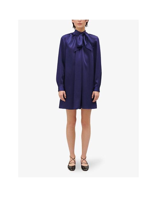 Claudie Pierlot Blue Tie-neck Long-sleeve Woven Mini Dress