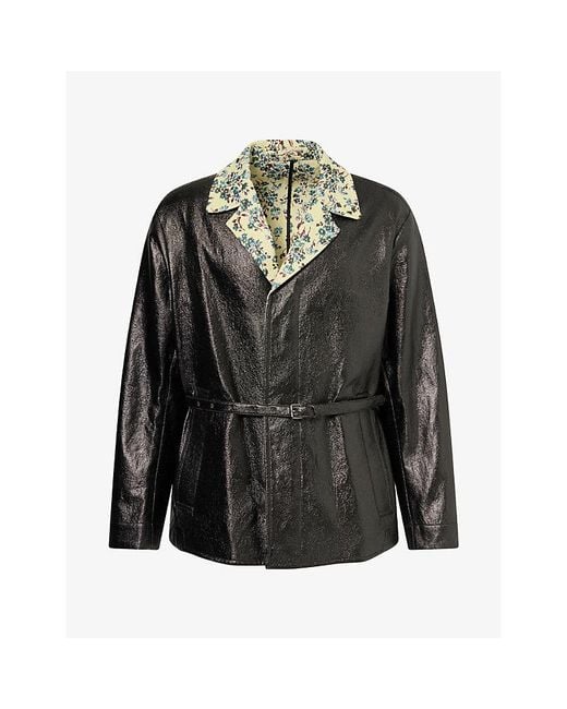 Dries Van Noten Black Randy Floral-Lining Waxed-Cotton Coat for men