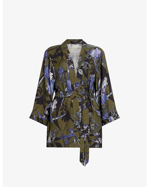 AllSaints Black Carina Graphic-print Batwing-sleeve Woven Kimono