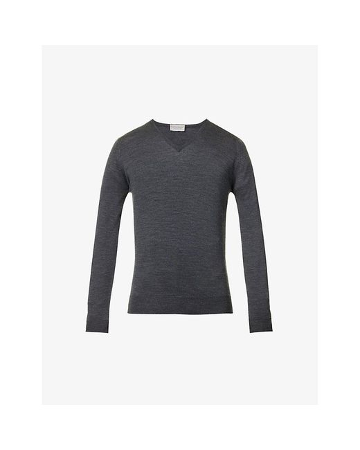 John Smedley Blue Blenheim V-Neck Wool Jumper for men