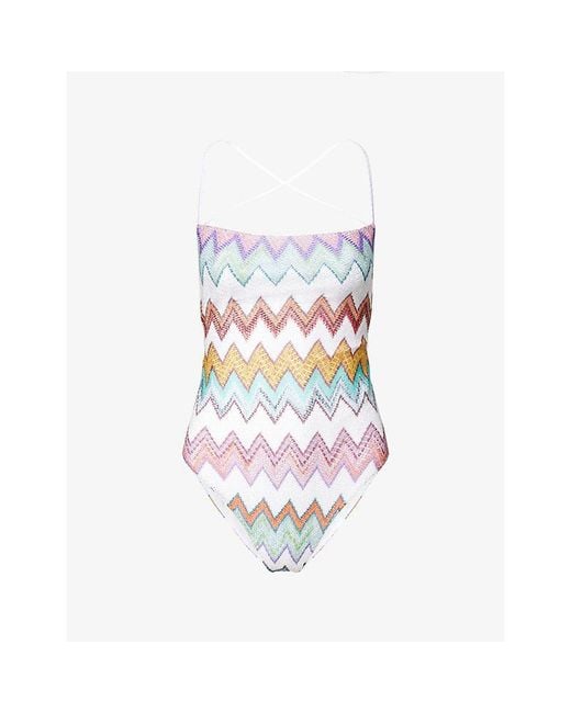 Missoni White Chevron Metallic Square-Neck Raschel-Knit Swimsuit