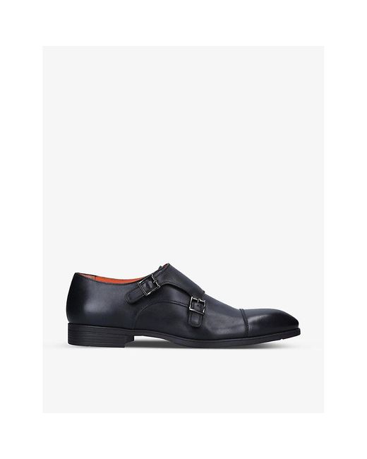 Santoni Black Simon Double-buckle Leather Monk Shoes for men