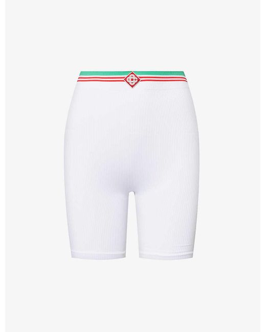 Casablancabrand White Ribbed Monogram-embroidered Stretch-woven Shorts