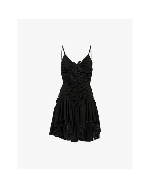 David Koma Black Ruched Floral-Embellished Woven Mini Dress