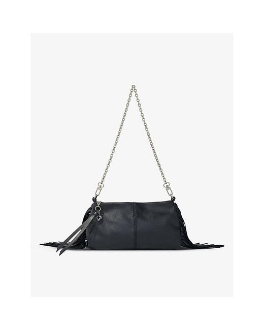 Maje Black Fringe-embellished Leather Clutch Bag