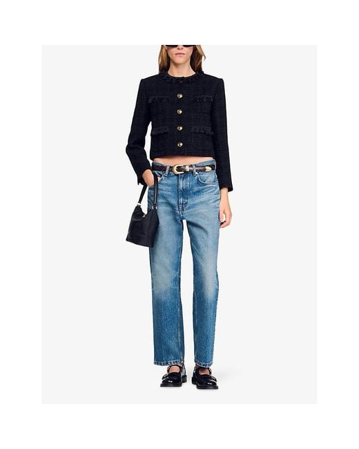 Sandro Black Ruffled-Trim Button-Down Tweed Jacket