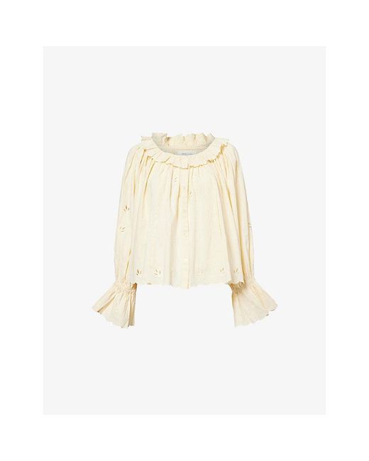 Skall Studio Natural Fleurie Embroidered Cotton-And-Linen Blouse