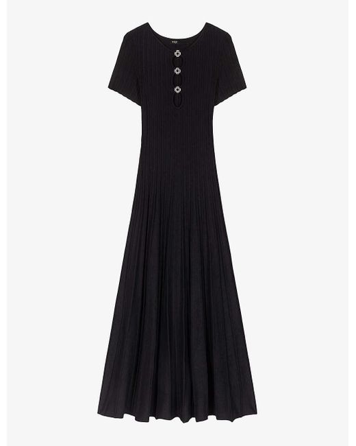 Maje Black Clover-embellished Short-sleeve Stretch-knit Midi Dress