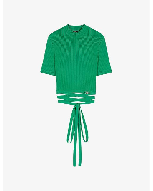 Maje Green Tie-waistband Rib Stretch-knit Top