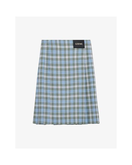 Loewe Blue Pleated Check Wool-Blend Midi Skirt