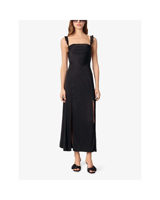 Maje Black Sweetheart-Neck Frill-Strap Stretch-Satin Maxi Dress