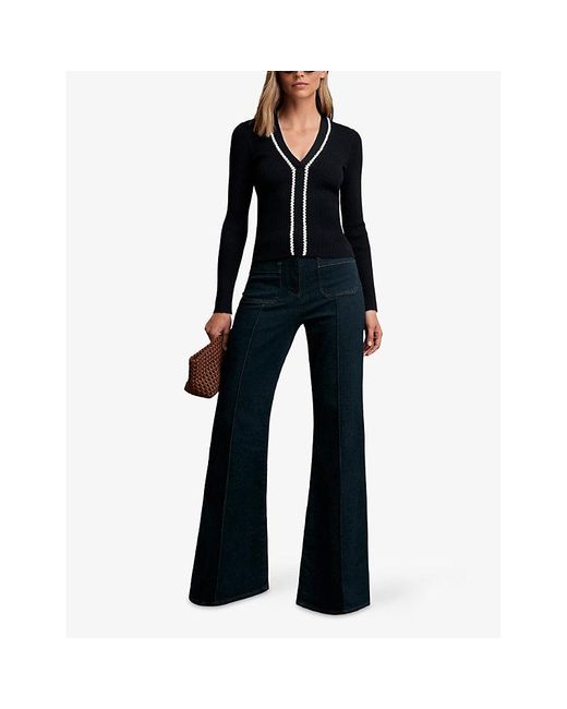 Reiss Blue Lauri Craft-Stitch Ribbed-Knit Top