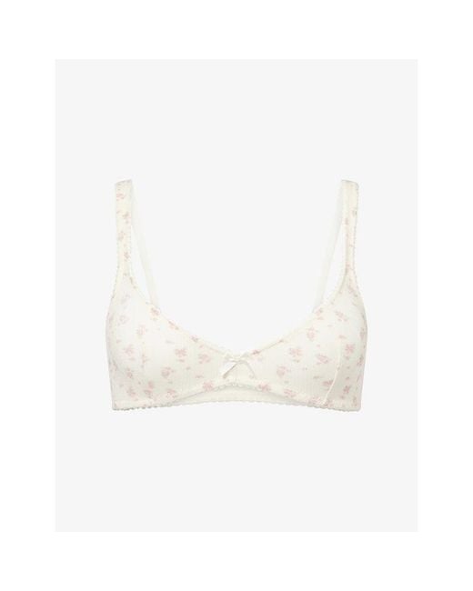 Lounge Underwear White Pointelle Floral-Print Stretch-Cotton Bralette