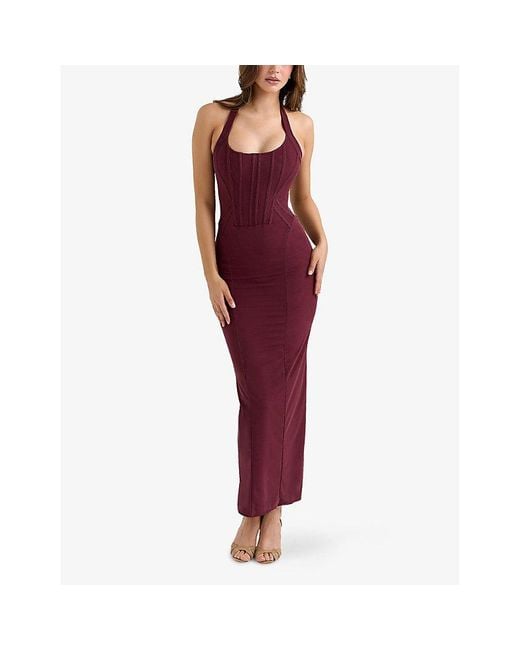 House Of Cb Purple Lusilla Halterneck Stretch-Mesh Midi Dress Xs (A-C Cup)