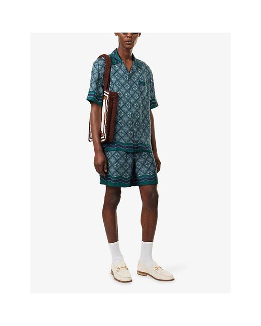 Casablanca Blue Monogram Cuban-Collar Silk Shirt for men